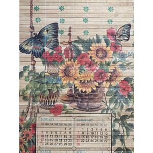 Vtg Bamboo Wall Calendar Roll Up Scroll Garden Country Cottage Reversible 1982